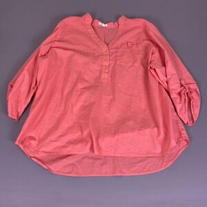 Hester & Orchard Tunic Women's 2X Coral Pink 100% Cotton Henley Roll Tab Sleeve*